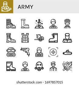 Army Icon Set. Collection Of Shooter, Boot, Boots, Sword, Officer, Soldier, Bulletproof Vest, Chariot, Military, Gas Mask, Gun, Crosshair, Submarine Icons