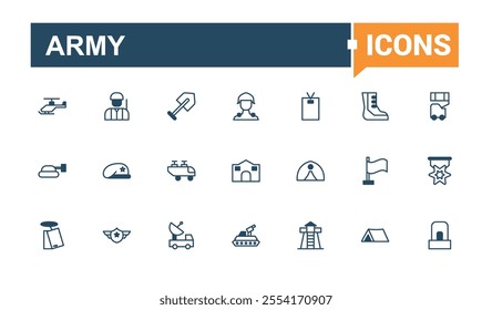 Army icon set. Includes icons for rifle, military, sniper, armor, artillery, warfare and more. Pixel perfect. Vector icons editable stroke.