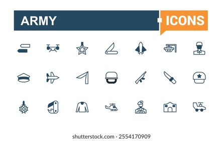 Army icon set. Includes icons for rifle, military, sniper, armor, artillery, warfare and more. Pixel perfect. Vector icons editable stroke.
