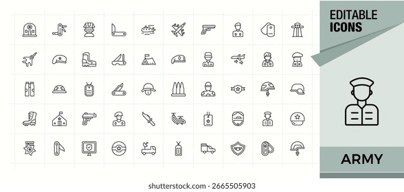 Conjunto de iconos del ejército en estilo lineal. Conjunto de iconos de soldado. colección de iconos de contorno de Vector. Contiene íconos como guerra, fuerza, marina, guerrero, lucha y más. Trazo editable.