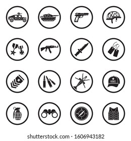 Army Icons. Black Flat Design In Circle. Vector Illustration.