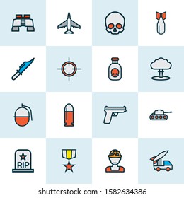 Army icons colored line set with nuclear explosion, artillery, binoculars and other pistol elements. Isolated vector illustration army icons.