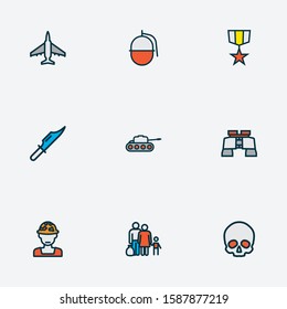 Army icons colored line set with soldier, tank, skull and other military elements. Isolated vector illustration army icons.
