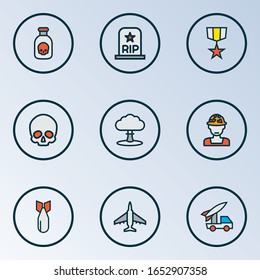 Army icons colored line set with artillery, soldier grave, medal and other military elements. Isolated vector illustration army icons.