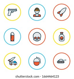 Army icons colored line set with military rocket, skull, bullet and other bomb elements. Isolated vector illustration army icons.