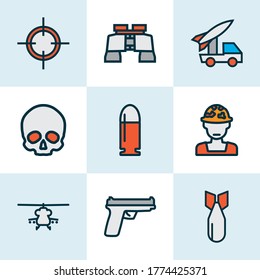 Army icons colored line set with sniper target, artillery, gun and other cranium elements. Isolated vector illustration army icons.