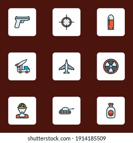 Army icons colored line set with bullet, bio hazard, fighter and other panzer elements. Isolated vector illustration army icons.