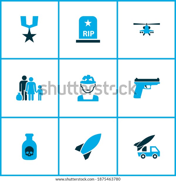 Army\
icons colored set with order, tomb, venom and other refugee\
elements. Isolated vector illustration army\
icons.