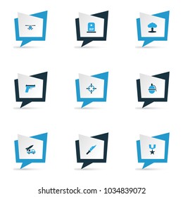 Army icons colored set with tomb, sniper target, armored car and other grave elements. Isolated vector illustration army icons.