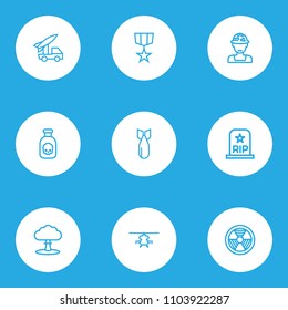 Army icons line style set with helicopter, artillery, bomb and other radiation  elements. Isolated vector illustration army icons.