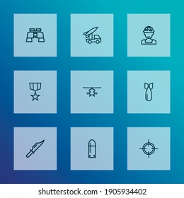 Estilo de línea de iconos del ejército con elementos de soldado, francotirador, cuchillo y otros elementos de dinamita. Iconos aislados del ejército de ilustración vectorial.
