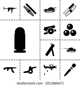 Army icons. set of 13 editable filled army icons such as nail sawing, sawing, cannon, canon ball, bullet, tank, military plane