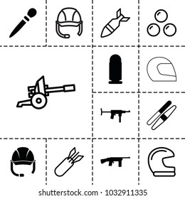 Army icons. set of 13 editable filled and outline army icons such as nail sawing, sawing, bullet, submachine gun, helmet, rocket bomb, canon ball