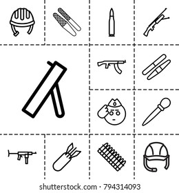Army icons. set of 13 editable outline army icons such as helmet, nail sawing, sawing, soldier emot, rocket bomb, cannon, bullet, ammo