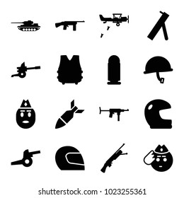 Army icons. set of 16 editable filled army icons such as soldier emot, helmet, rocket bomb, cannon, war helmet, bulletproof vest, bullet, tank, military plane