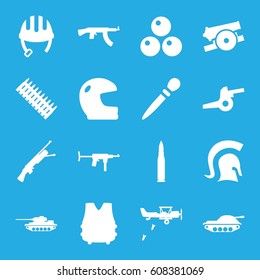 Army icons set. set of 16 army filled icons such as helmet, nail sawing, knight, cannon, canon ball, bulletproof vest, bullet, ammo, tank, military plane