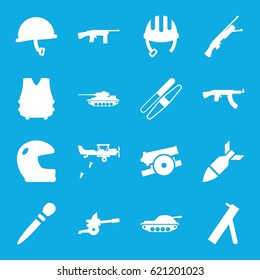 Army icons set. set of 16 army filled icons such as helmet, nail sawing, sawing, rocket bomb, cannon, war helmet, bulletproof vest, tank, military plane