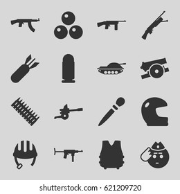 Army icons set. set of 16 army filled icons such as helmet, nail sawing, soldier emot, rocket bomb, cannon, canon ball, bulletproof vest, bullet, ammo, tank