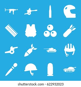 Army icons set. set of 16 army filled icons such as helmet, nail sawing, rocket bomb, canon ball, cannon, war helmet, bulletproof vest, bullet, ammo, tank