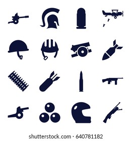 Army icons set. set of 16 army filled icons such as helmet, rocket bomb, knight, cannon, canon ball, war helmet, bullet, ammo, military plane
