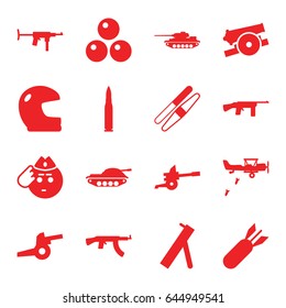 Army icons set. set of 16 army filled icons such as sawing, soldier emot, rocket bomb, cannon, canon ball, bullet, tank, military plane, submachine gun