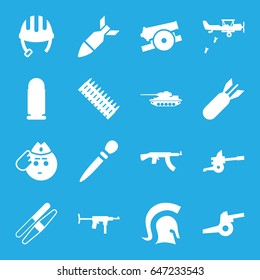 Army icons set. set of 16 army filled icons such as helmet, nail sawing, sawing, soldier emot, rocket bomb, knight, cannon, bullet, ammo, tank, military plane