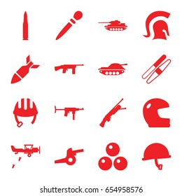 Army icons set. set of 16 army filled icons such as helmet, nail sawing, sawing, rocket bomb, knight, canon ball, cannon, war helmet, bullet, tank, military plane