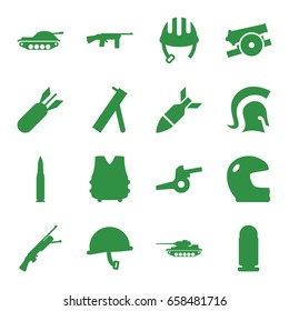 Army icons set. set of 16 army filled icons such as helmet, rocket bomb, knight, cannon, war helmet, bulletproof vest, bullet, tank