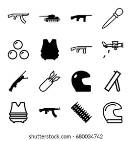 Army icons set. set of 16 army filled and outline icons such as bulletproof vest, ammo, tank, submachine gun, nail sawing, rocket bomb, canon ball, cannon, military plane