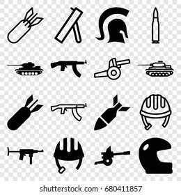 Army icons set. set of 16 army filled and outline icons such as helmet, rocket bomb, knight, cannon, tank, submachine gun