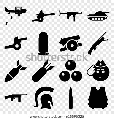 Army icons set. set of 16 army filled icons such as soldier emot, rocket bomb, knight, cannon, canon ball, bulletproof vest, bullet, tank, military plane