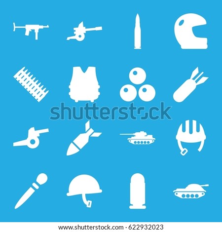 Army icons set. set of 16 army filled icons such as helmet, nail sawing, rocket bomb, canon ball, cannon, war helmet, bulletproof vest, bullet, ammo, tank
