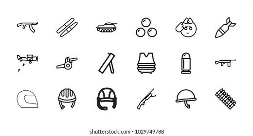 Army icons. set of 18 editable outline army icons: helmet, sawing, soldier emot, rocket bomb, canon ball, cannon, war helmet, bulletproof vest, bullet, ammo, tank