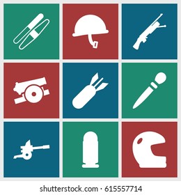 Army icons set. set of 9 army filled icons such as nail sawing, sawing, rocket bomb, cannon, war helmet, bullet, submachine gun