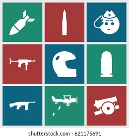Army icons set. set of 9 army filled icons such as soldier emot, rocket bomb, cannon, bullet, military plane, submachine gun