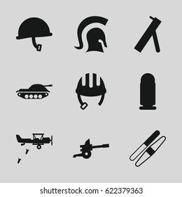 Army icons set. set of 9 army filled icons such as helmet, sawing, knight, cannon, war helmet, bullet, tank