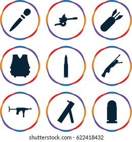 Army icons set. set of 9 army filled icons such as nail sawing, rocket bomb, cannon, bulletproof vest, bullet
