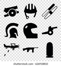 Army icons set. set of 9 army filled icons such as helmet, sawing, knight, cannon, bullet, military plane