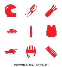Army icons set. set of 9 army filled icons such as helmet, sawing, rocket bomb, bulletproof vest, bullet, ammo