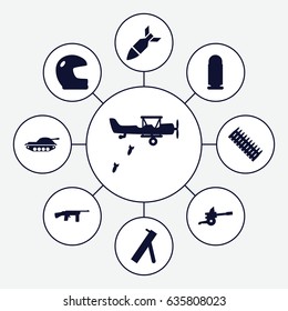 Army icons set. set of 9 army filled icons such as rocket bomb, cannon, bullet, ammo, tank, military plane, submachine gun