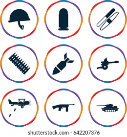 Army icons set. set of 9 army filled icons such as sawing, rocket bomb, cannon, war helmet, bullet, ammo, tank, military plane