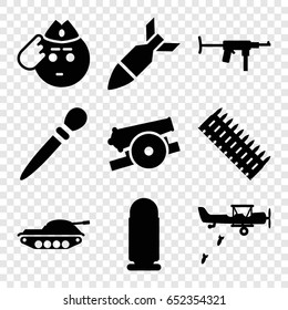 Army icons set. set of 9 army filled icons such as nail sawing, soldier emot, rocket bomb, cannon, bullet, ammo, tank, military plane