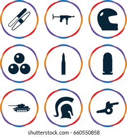 Army icons set. set of 9 army filled icons such as sawing, knight, canon ball, cannon, bullet, tank, submachine gun