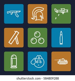 army icons set. Set of 9 army outline icons such as knight, canon ball, cannon, bullet, tank, military plane, submachine gun
