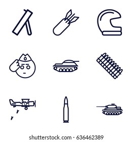 Army icons set. set of 9 army outline icons such as rocket bomb, cannon, bullet, ammo, tank, military plane, soldier emot
