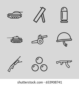 Army icons set. set of 9 army outline icons such as cannon, war helmet, bullet, tank
