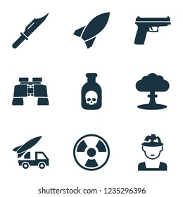 Army icons set with artillery, rocket, knife and other dangerous  elements. Isolated vector illustration army icons.