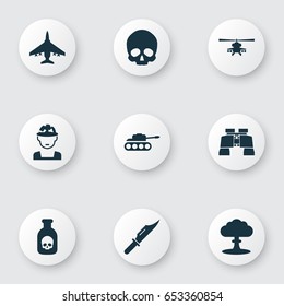 Army Icons Set. Collection Of Atom, Cranium, Aircraft And Other Elements. Also Includes Symbols Such As Scalper, Oficer, Helicopter.
