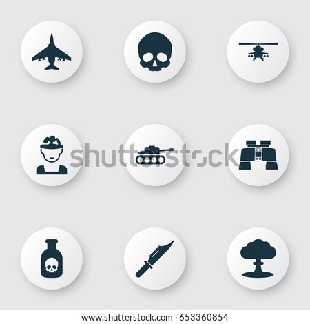 Army Icons Set. Collection Of Atom, Cranium, Aircraft And Other Elements. Also Includes Symbols Such As Scalper, Oficer, Helicopter.