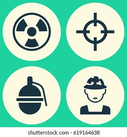 Army Icons Set. Collection Of Bombshell, Military, Dangerous And Other Elements. Also Includes Symbols Such As Bio, Shot, Soldier.